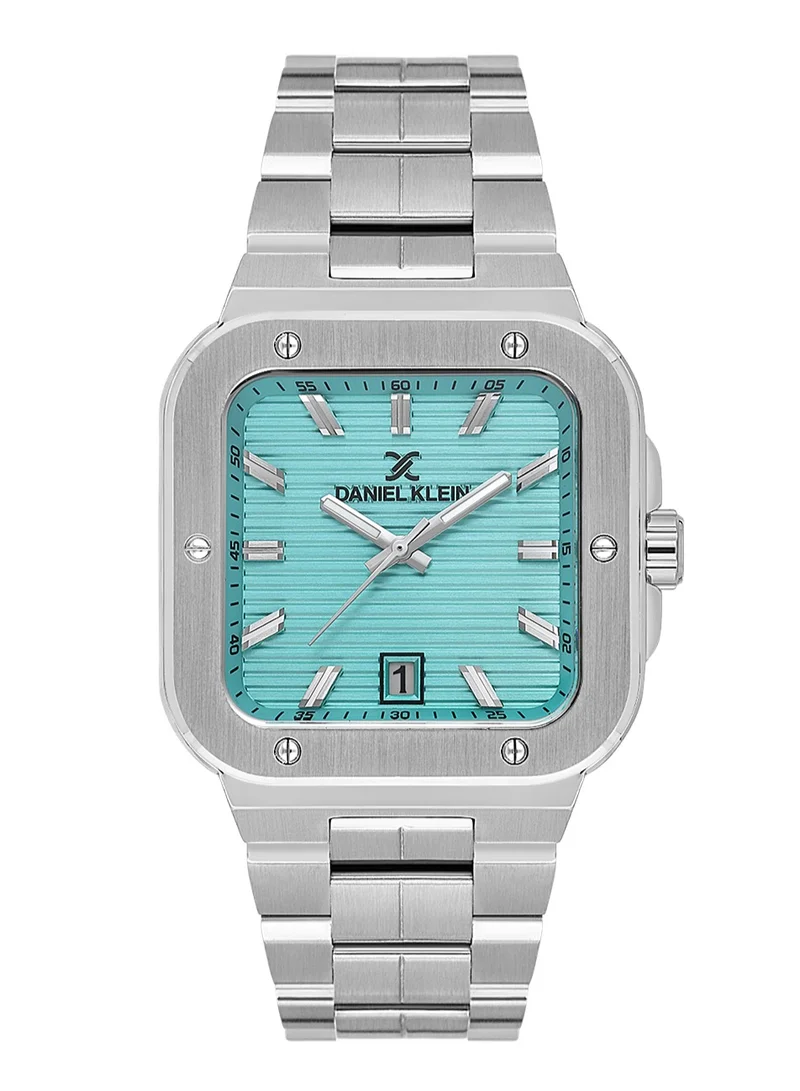 DANIEL KLEIN Men's Stainless Steel Silver Brass Case Analog Blue Square Emboss Dial Japanese Quartz Premium 50 Meters Water Resistant
